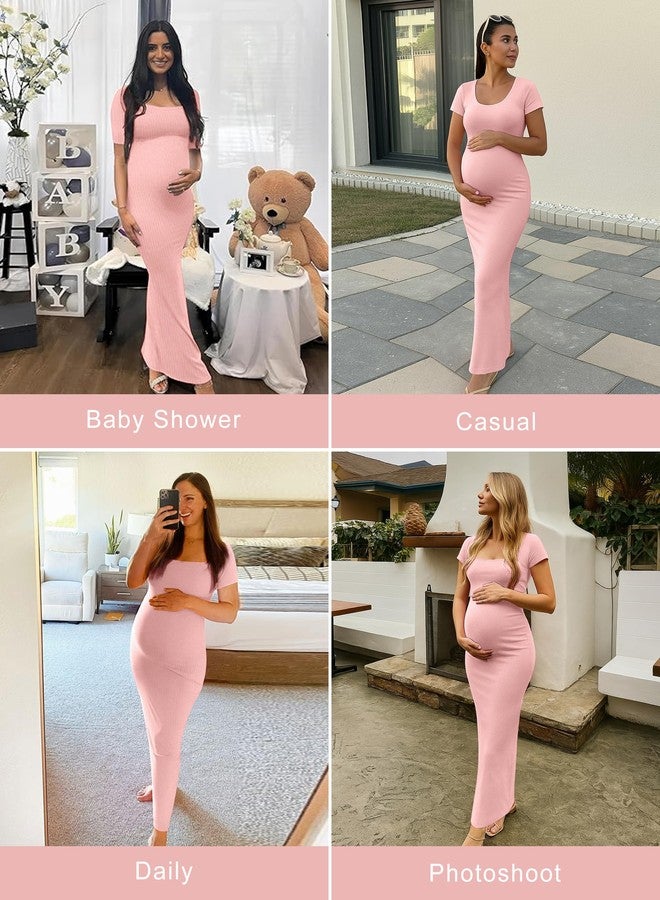 Peauty Maternity Dress Baby Shower Pink Maternity Dress Photoshoot Short Sleeve Pregnancy Maxi Bodycon Dresses Ribbed Wedding Guest Square Neck Casual Clothes Summer Pregnancy Clothes (Pink M) - Image 2